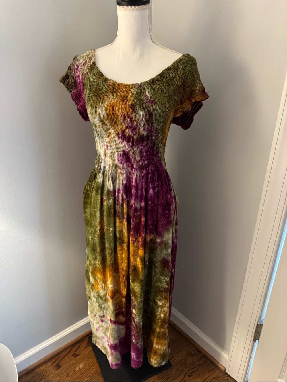 Hand crafted tie dyed midi dress. Size M/L. Purples & green.  BOHO